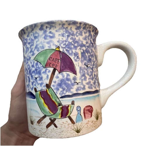 HAND-PAINTED CAPE COD MASS LARGE MUG COFFEE BEACH DECO X.A.S. 5” Tall Collectors - Picture 2 of 7
