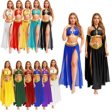 Womens Halter Backless Belly Dance Outfits Sequin Tassel Waist Chain 2-Piece Set