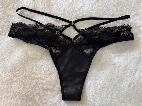 Victoria's Secret Panties Brazilian Panty Black Leather Lace Strappy Small S