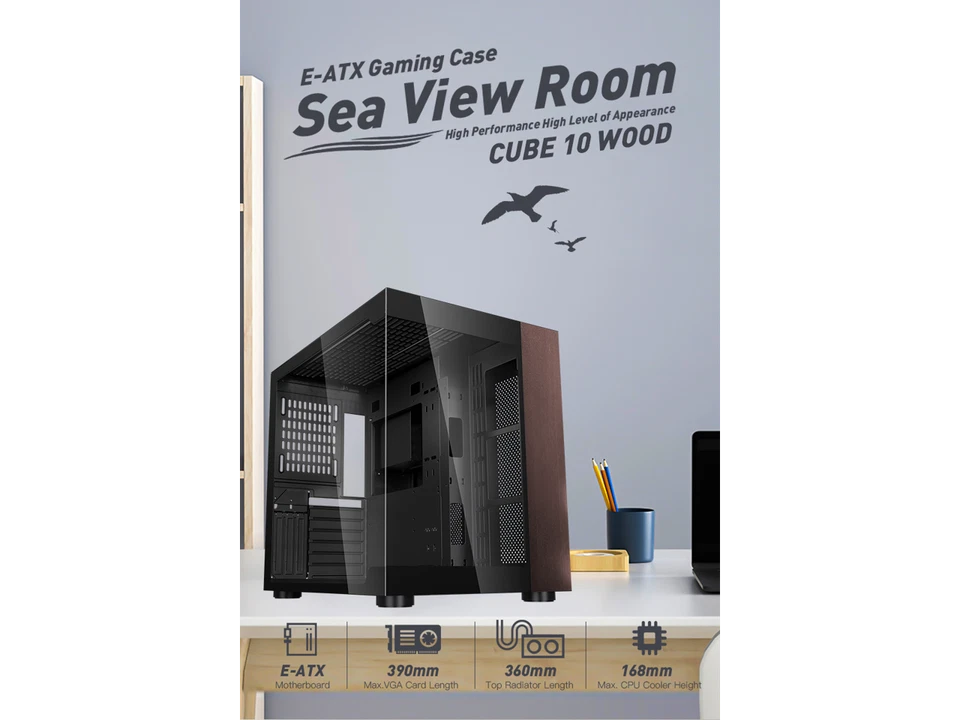 DIYPC DIY-CUBE10-Wood Black USB3.0 /Type C ATX Mid Tower Gaming Computer Case w/ - Image 4 of 4