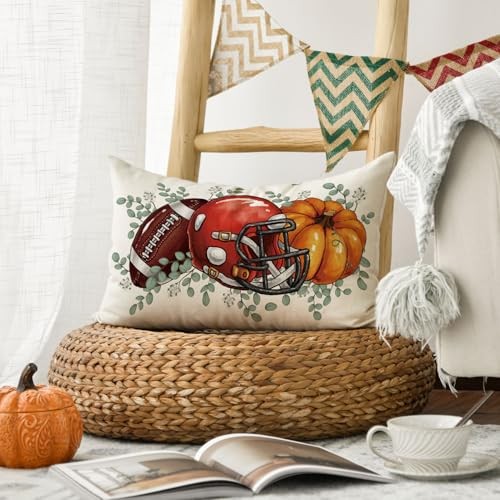 Fall Football Pumpkin Throw Pillow Cover 12x20 Inch, Seasonal Autumn Red - Picture 6 of 7