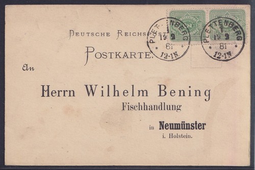 75417) SENKRECHTES PAAR Mi.-Nr. 39 auf Postkarte PLETTENBERG 1881 n. Neumünster