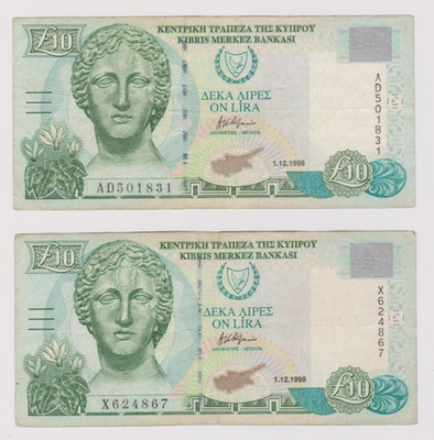 ZYPERN - Lot von 2 x £10 Umlaufscheinen
