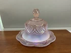 FENTON GLASS PINK CHAMPAGNE OPALESCENT IRID. BUTTON & ARCH BUTTER or CHEESE DISH