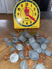 Vintage Judy Instructo Mini Clock Yellow Plastic 5"  Currency time Teaching