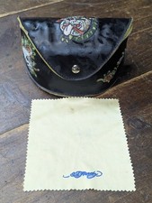Ed Hardy Vintage Tattoo Eyewear Sunglass Case Black Skull Roses Bulldog Wipe