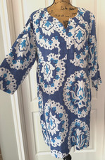 Boden Linen Knee Length Dress V-Neck 3/4 Sleeve Blue White Floral Zip 14 XL