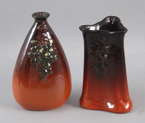 2 Antique c1904 Signed WELLER Art Pottery Vases Embossed Grapes FLORETTA Pattern