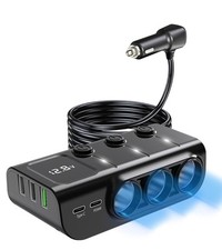 8 in 1 Cigarette Lighter Splitter 3 Socket Car Charger Adapter Type-C QC3.0 P...