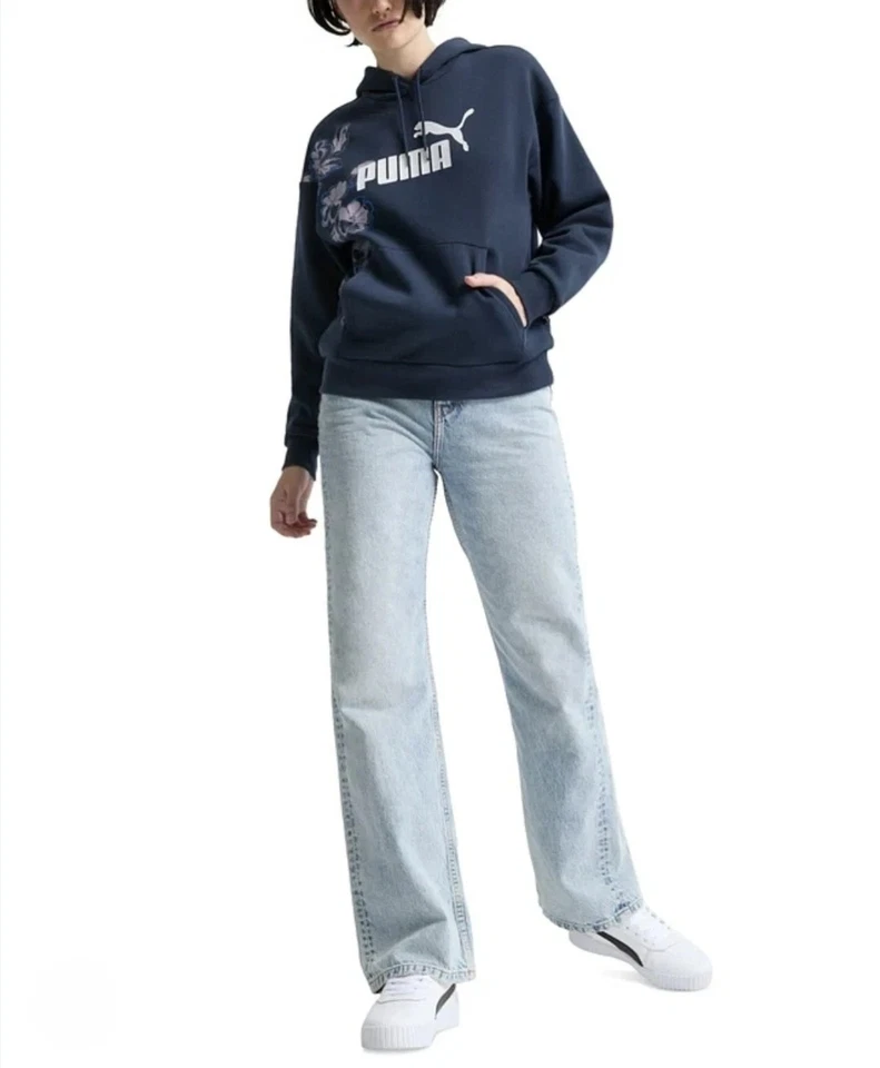 Sudadera con capucha para mujer Puma de algodón esencial floral vibraciones - azul marino Foto 3 de 4