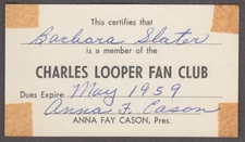 Charles Looper & The Loops Fan Club membership card 1959