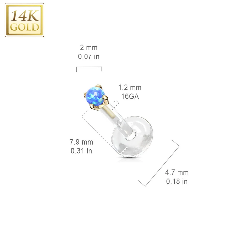 14K Solid Gold Opal Prong Set Bio-Flex Labret Ear Cartilage Helix Piercing 16G - Image 2 of 4