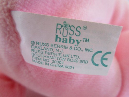 Russ Baby rosa mit creme Säuglinge Rassel Bär 8 Zoll Plüschtier Stofftier Neu mit Etikett - Bild 5 von 5