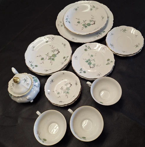Antique 1920 Mitterteich Germany Green Ming Fine China lot of 15 Pcs Gold Trim