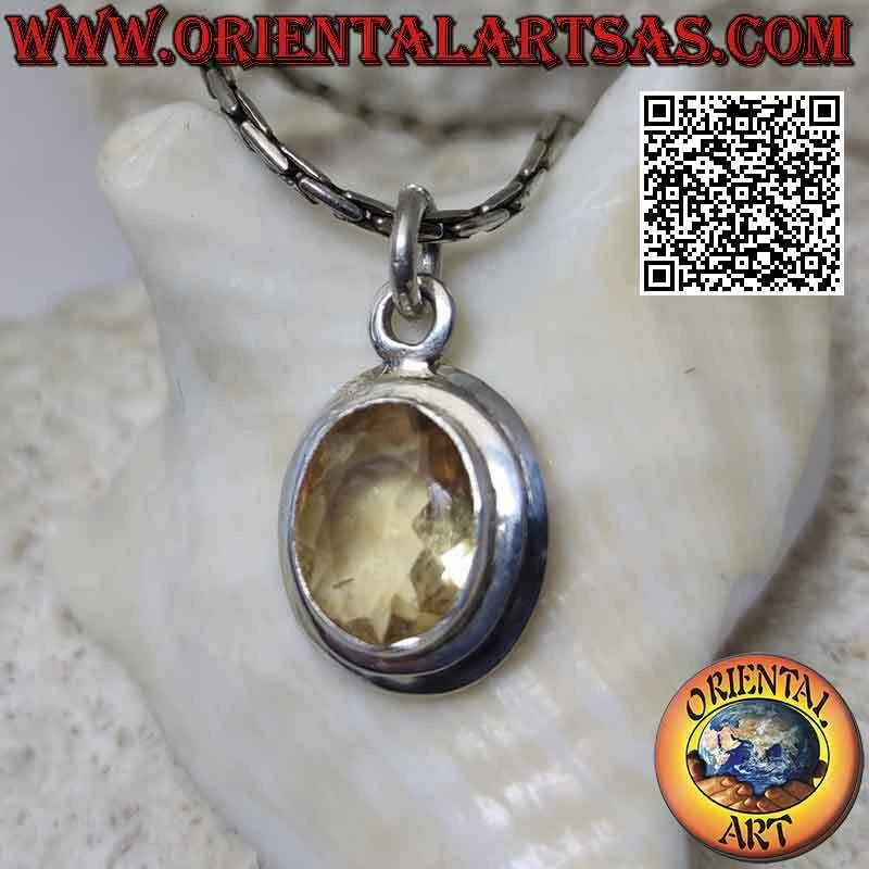 Ciondolo in argento 925‰ topazio giallo naturale ovale su montatura semplice a b - Immagine 2 di 4