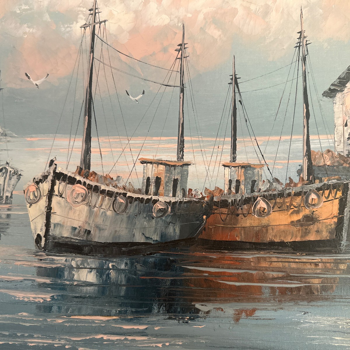 Artist W . Jones Harbor Scene Fishing Boats Oil Painting 24