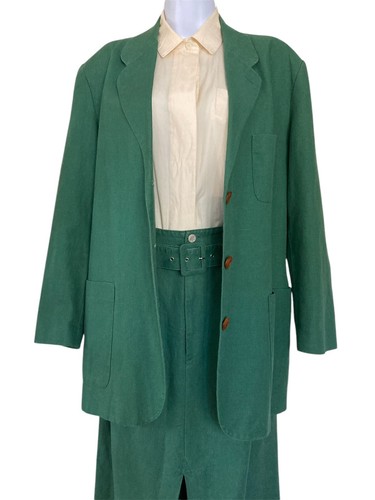 Vintage 90s Green Linen Cotton Boho Minimalist Preppy Blazer Skirt 2 Piece Set 4 - Picture 8 of 13