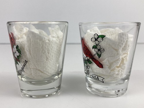 2 Virginia Cardinal Red Bird Shot Glasses on White Dogwood Branch Barware - Picture 2 of 8