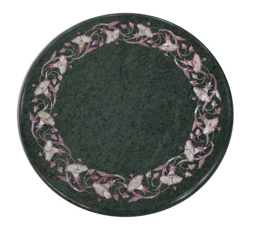 24" Round Green Marble Coffee Table Top Mother of Pearl Inlay Work Entryway Deco - Picture 1 of 9