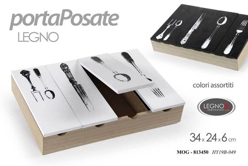 COFANETTO PORTA POSATE LEGNO CONTENITORE SCATOLA ORGANIZER CASSETTI ASS 34*24*6 - Foto 7 di 16