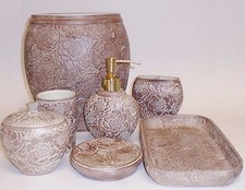 NEW RAYMOND WAITES 7 PC SET 3D TAN,BEIGE,BROWN RESIN DISPENSER+TRASH+TRAY+JAR+