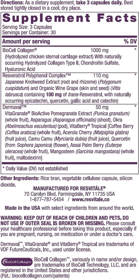 ResVitále Ultra Colágeno Mejorar el Cuidado de la Piel Suplemento con Resveratrol 90 Cápsulas Foto 2 de 4