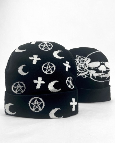 Pamela Mann STARS & MOON REPEAT Black Beanie: pentagram hat cap Goth Alt gift - Picture 5 of 7