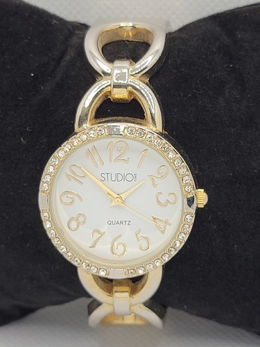 Ladies Studio Time Stylish Round Gold Tone Case Bangle Cuff Bracelet Watch L6 - Picture 5 of 8