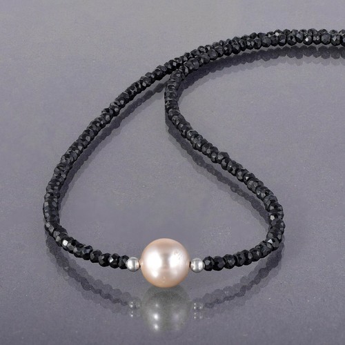 S925 Silver Single Pearl Necklace Shell Cut Black Crystal Beaded Necklace - Bild 1 von 4