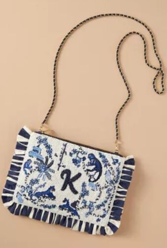 Anthropologie Beaded Embroidered Monogram “K” Clutch Blue White Toile Sequin