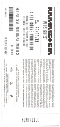Rammstein In Concert 2013 Berlin Wuhlheide Ticket /Konzertkarte /Eintrittskarte - Bild 2 von 2
