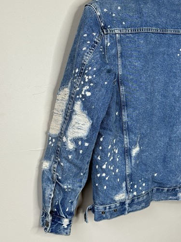 Zara sz Small Denim Jacket Men's Sherpa Lined Grizzley Trucker Paint Distressed - Picture 4 of 8