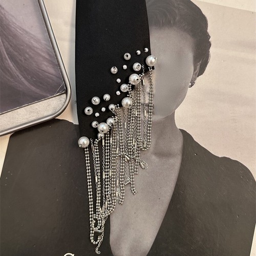 Men Women Pearl Tassel Chain Tie Glitter Rhinestone Necktie Fashion Decor Black - Picture 2 of 6