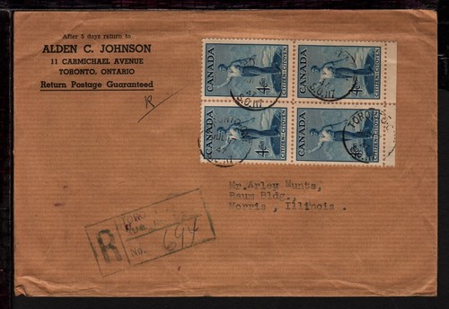 CANADA 1947 TORONTO REGISTERED COVER BLOCK 4 CITIZERSHIP STAMPS to ILLINOIS USA