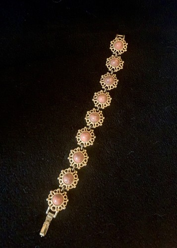 Sarah Coventry Signed Flower Link Bracelet Coral Colored and Goldtone Vintage