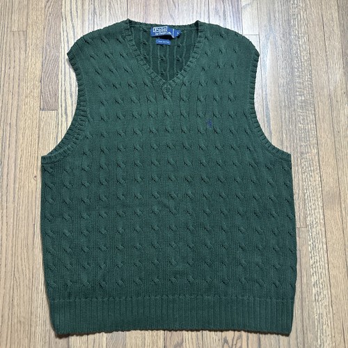 Polo Ralph Lauren Sweater Vest Men’s SZ L Cable Knit 100% Cotton Green Hong Kong