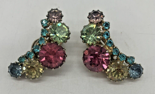 Vintage Ohrringe weiß signiert Strass Ohrclips pastell rosa blau gelb grün - Bild 2 von 5