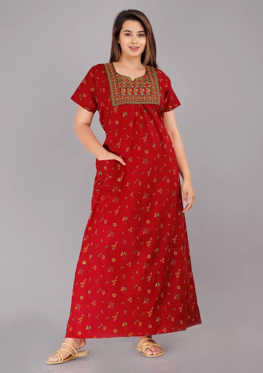 Women Cotton Night Kurta Indian Embroidery Night Gown Maxi Dress