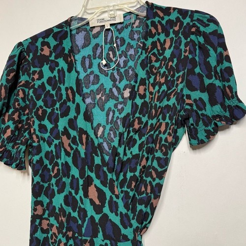 Diane von Furstenberg Emilia Ruffled Wrap Dress In Autumn Leopard Emerald S NWOT - Picture 4 of 16