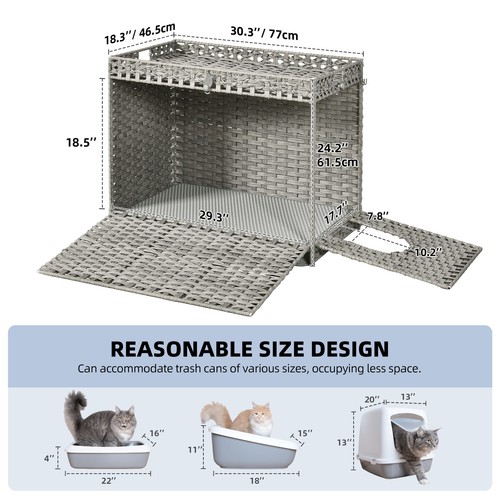 24" Enclosure Cabinet with Hidden Cat Litter Box Litter Mat Rattan Pet Cat House - Picture 9 of 20