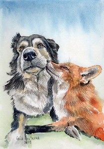 Dog-And-Fox-Are-Friends-Forever-original-watercolor-animal-painting-pet-vixen