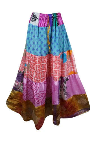 Long Skirt For Women Colorful Pull On BOHO Gypsy Hippie Flowy Skirt S/M