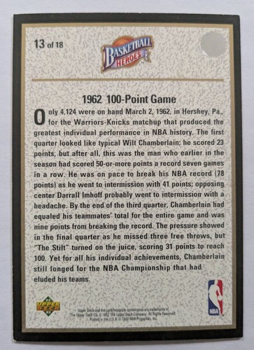WILT CHAMBERLAIN, 1992-93 UPPER DECK BASKETBALL HEROES, 100 POINT GAME, #13 - Picture 2 of 2