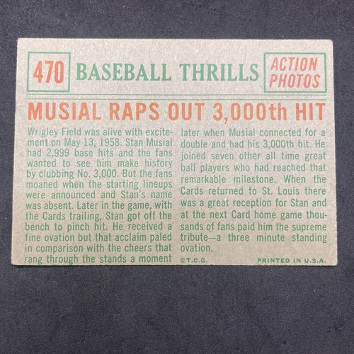 1959 Topps - Baseball Thrills Stan Musial #470 ¡Stan The Man! ¡3.000 hits! ¡BONITO! - Imagen 3 de 11