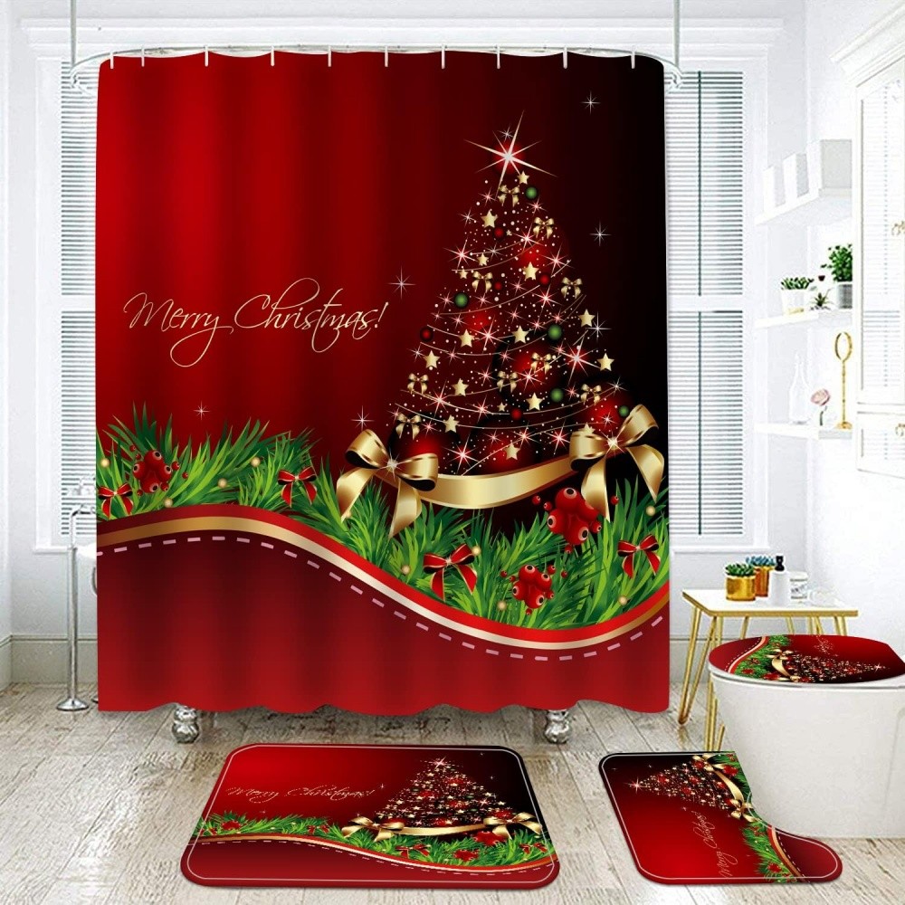 4x Merry Christmas Bathroom Set Christmas Tree Pattern Shower Curtain Home Decor