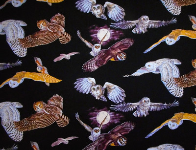 Quilt Fabric 5/8 Yard Flying Owls Moon on Black Premium Cotton Birds Vtg