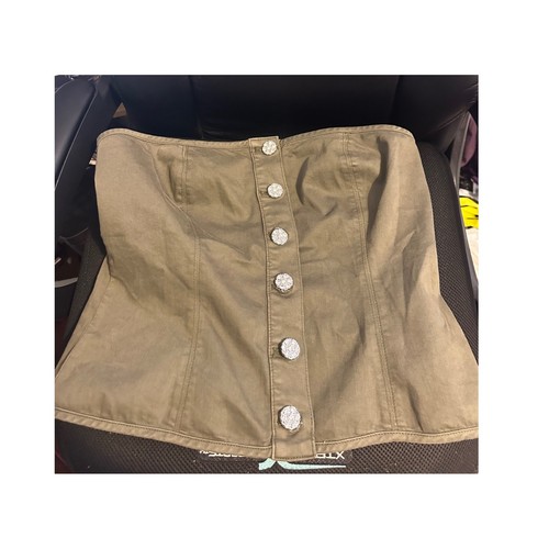 White House Black Market Twill Bustier Top Olive Rhinestone Button Size 10 NWT - Picture 2 of 8