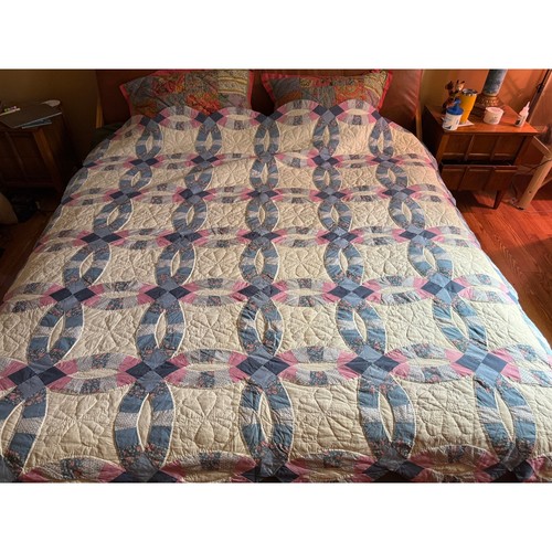 Vintage Arch Double Wedding Ring Quilt Pastel Queen Scalloped Edge 80x82" - Picture 3 of 10