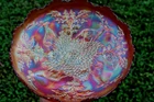 ANTIQUE FENTON STAG AND HOLLY CARNIVAL GLASS LARGE IC BOWL - MARIGOLD