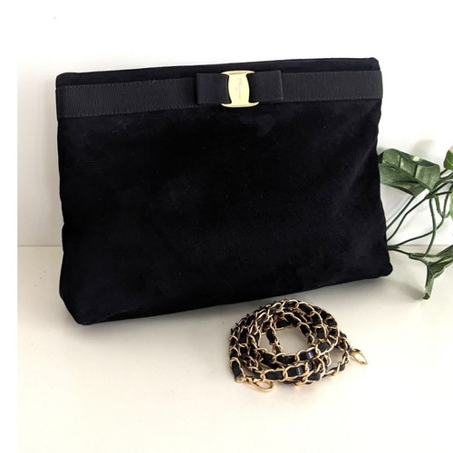 Salvatore Ferragamo Vara 2-Way Suede Leather Chain Shoulder/Crossbody Bag Black - Picture 2 of 8